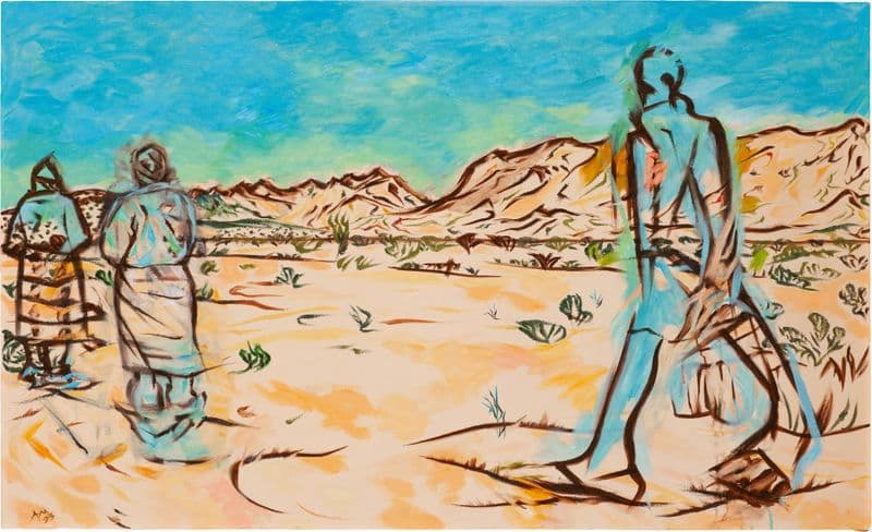 3 figures on blue, ochre with mountains